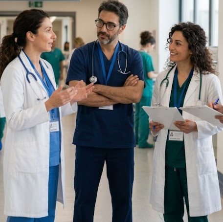 Tre medici in corsia che discutono consultando delle cartelle